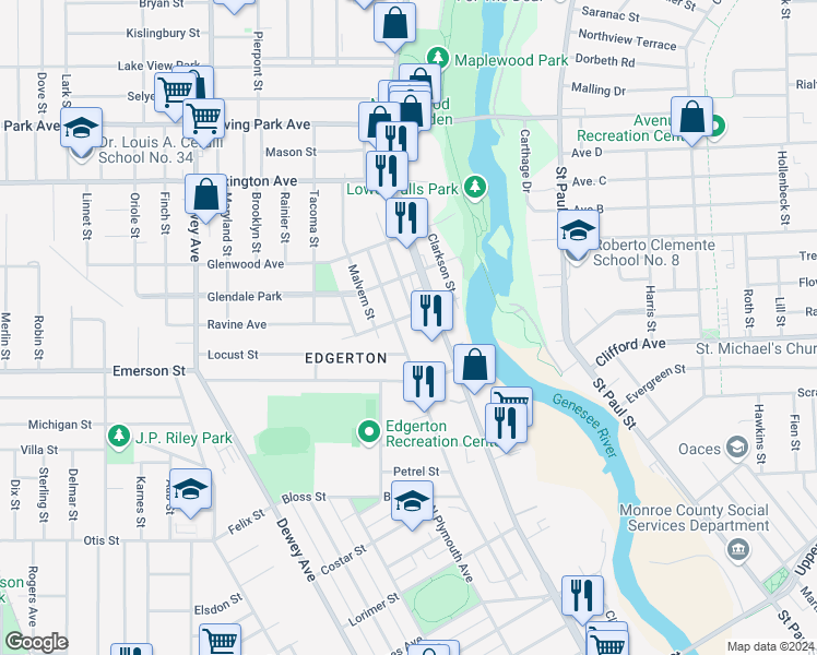 map of restaurants, bars, coffee shops, grocery stores, and more near 172 Fulton Avenue in Rochester