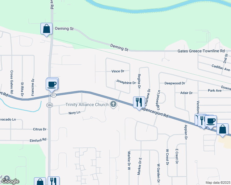 map of restaurants, bars, coffee shops, grocery stores, and more near 1164 Spencerport Road in Rochester