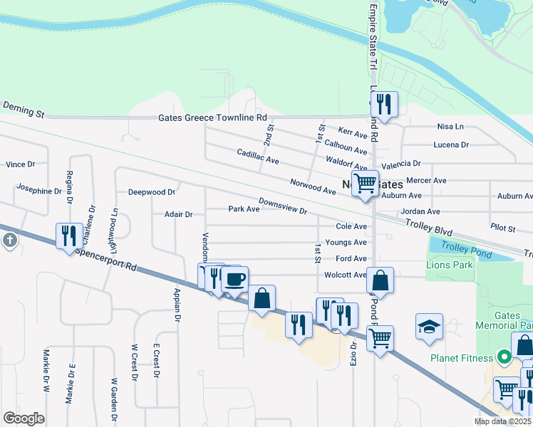 map of restaurants, bars, coffee shops, grocery stores, and more near 63 Park Avenue in Rochester
