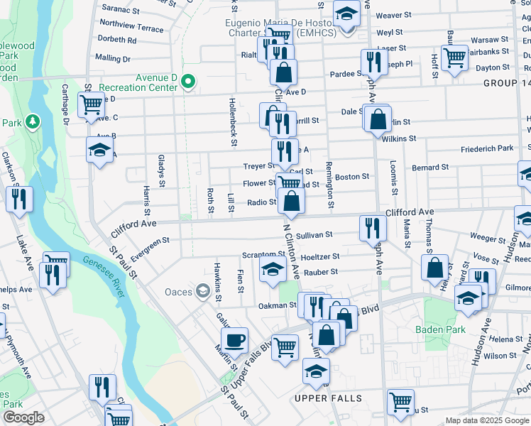 map of restaurants, bars, coffee shops, grocery stores, and more near 348 Clifford Avenue in Rochester