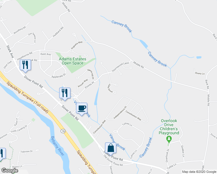 map of restaurants, bars, coffee shops, grocery stores, and more near 12 Julia Drive in Dover