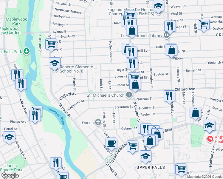 map of restaurants, bars, coffee shops, grocery stores, and more near 293 Clifford Avenue in Rochester