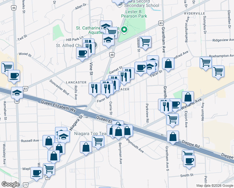 map of restaurants, bars, coffee shops, grocery stores, and more near 37 Elberta Street in St. Catharines