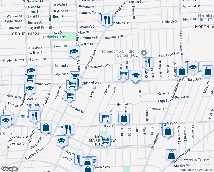 map of restaurants, bars, coffee shops, grocery stores, and more near 225 Rohr Street in Rochester