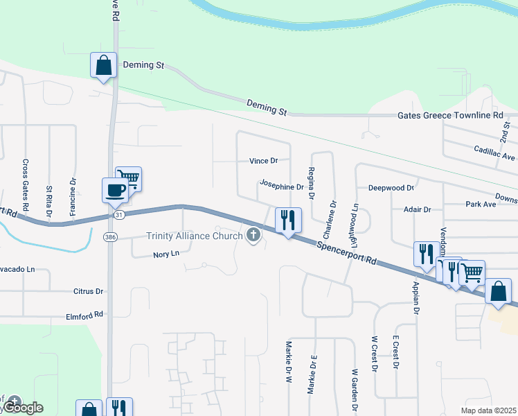 map of restaurants, bars, coffee shops, grocery stores, and more near 1164 Spencerport Road in Rochester