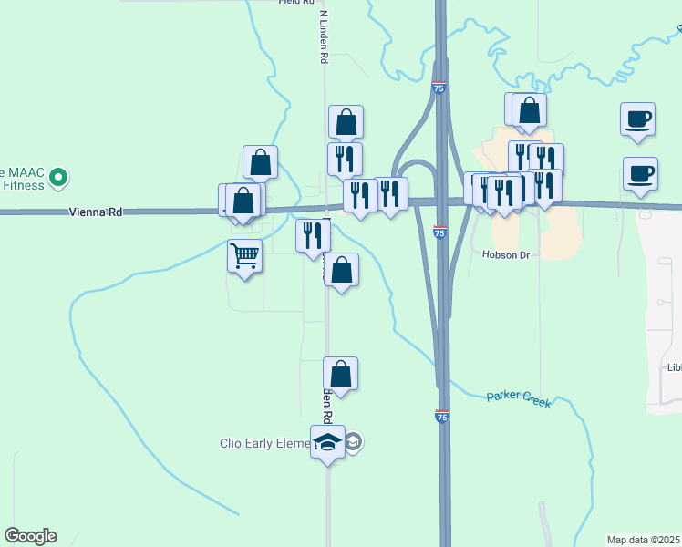 map of restaurants, bars, coffee shops, grocery stores, and more near 11438 North Linden Road in Clio