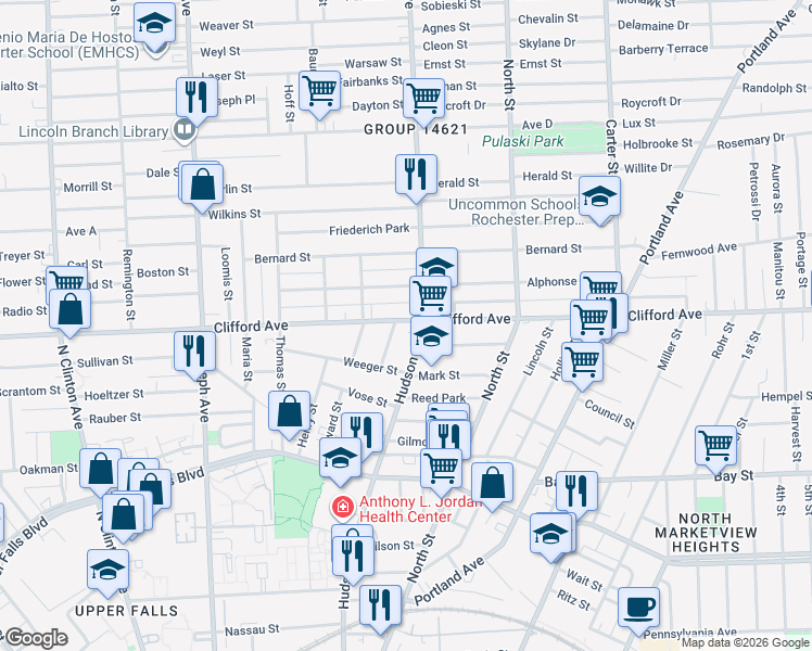 map of restaurants, bars, coffee shops, grocery stores, and more near 563 Hudson Avenue in Rochester