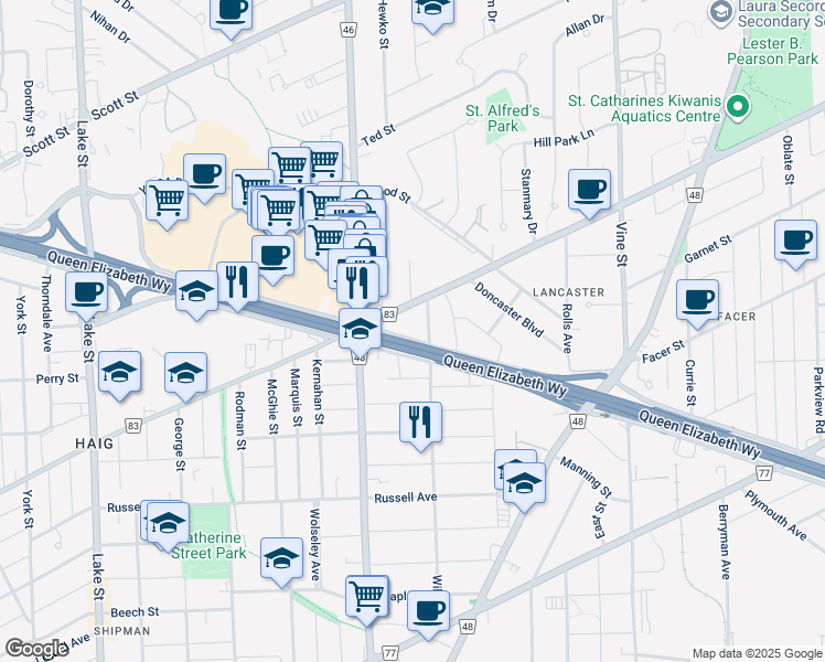 map of restaurants, bars, coffee shops, grocery stores, and more near 23 McCalla Drive in Saint Catharines