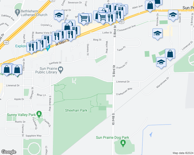map of restaurants, bars, coffee shops, grocery stores, and more near 1387 Linnerud Drive in Sun Prairie