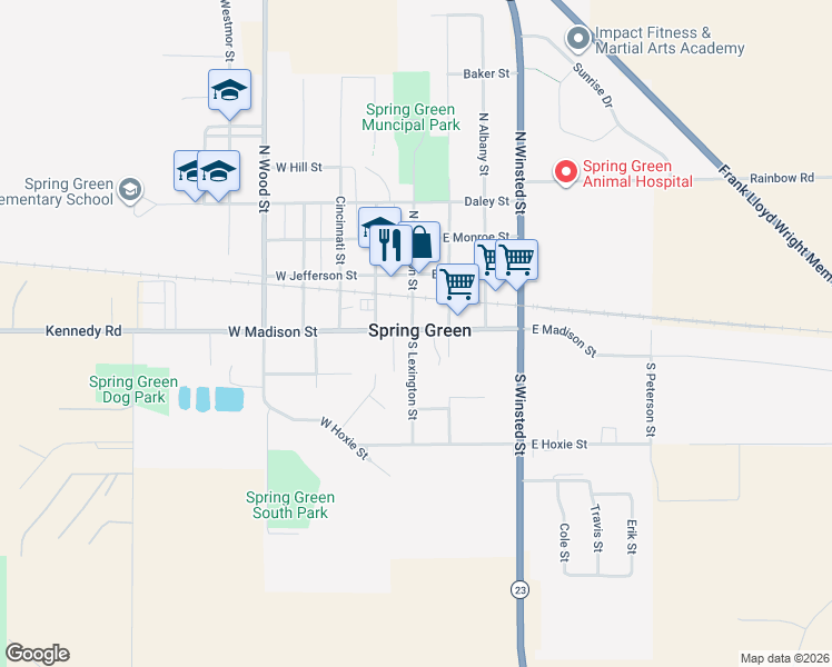 map of restaurants, bars, coffee shops, grocery stores, and more near 20 Madison Street in Spring Green