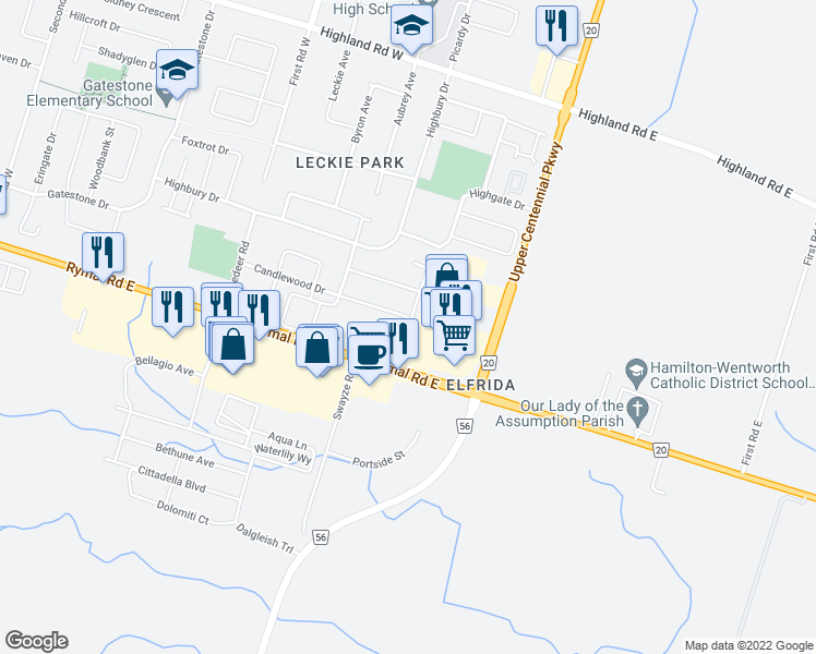 map of restaurants, bars, coffee shops, grocery stores, and more near 91 Candlewood Drive in Hamilton