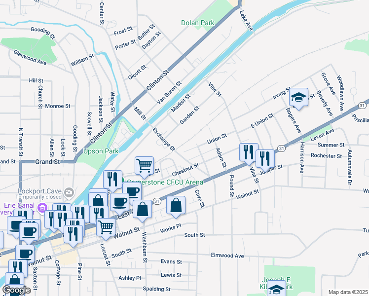 map of restaurants, bars, coffee shops, grocery stores, and more near 66 Spring Street in Lockport