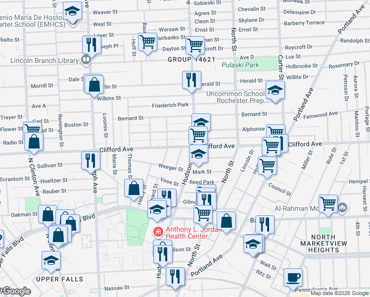 map of restaurants, bars, coffee shops, grocery stores, and more near 869 Clifford Avenue in Rochester