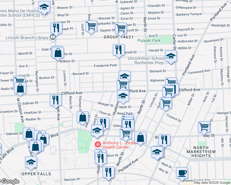 map of restaurants, bars, coffee shops, grocery stores, and more near 563 Hudson Avenue in Rochester