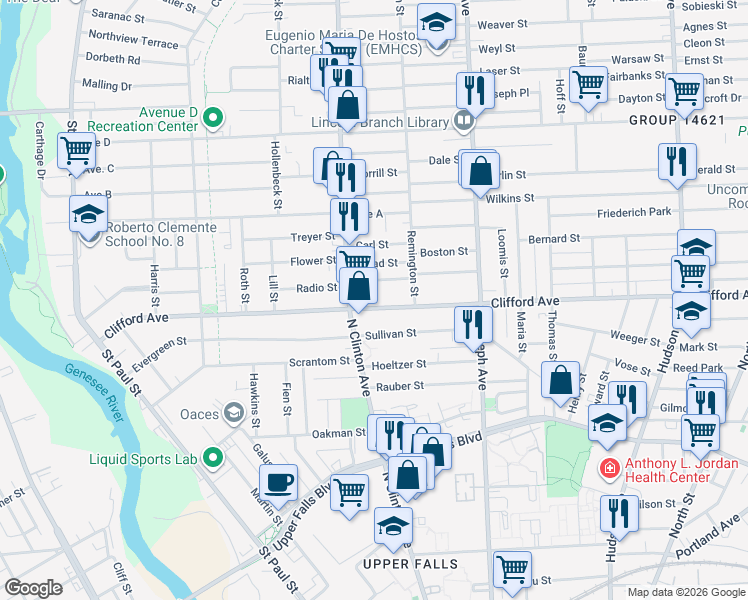 map of restaurants, bars, coffee shops, grocery stores, and more near 447 Clifford Avenue in Rochester