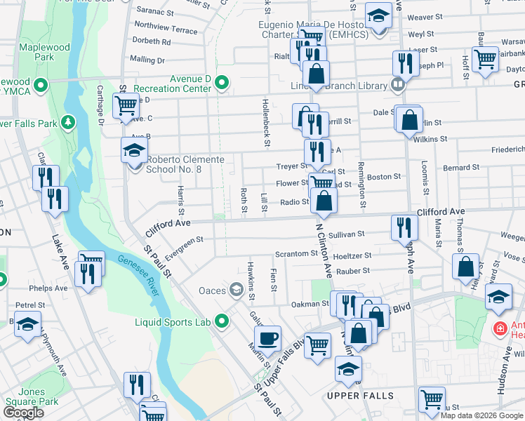 map of restaurants, bars, coffee shops, grocery stores, and more near 293 Clifford Avenue in Rochester