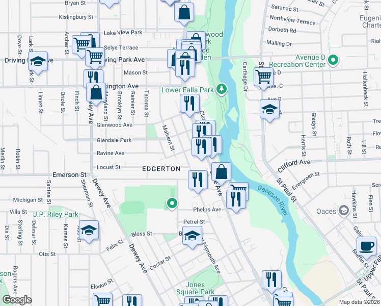 map of restaurants, bars, coffee shops, grocery stores, and more near 172 Fulton Avenue in Rochester