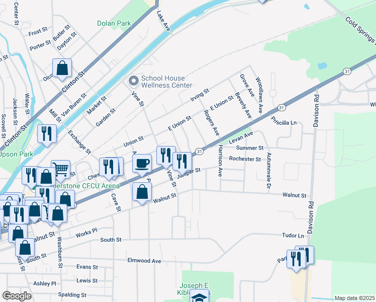 map of restaurants, bars, coffee shops, grocery stores, and more near 380 East Avenue in Lockport