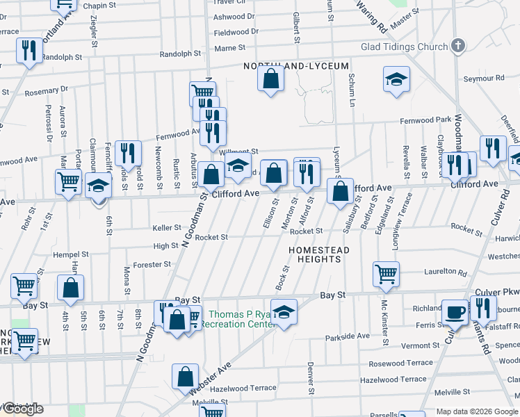 map of restaurants, bars, coffee shops, grocery stores, and more near 297 Ellison Street in Rochester