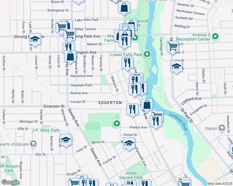 map of restaurants, bars, coffee shops, grocery stores, and more near 18 Locust Street in Rochester