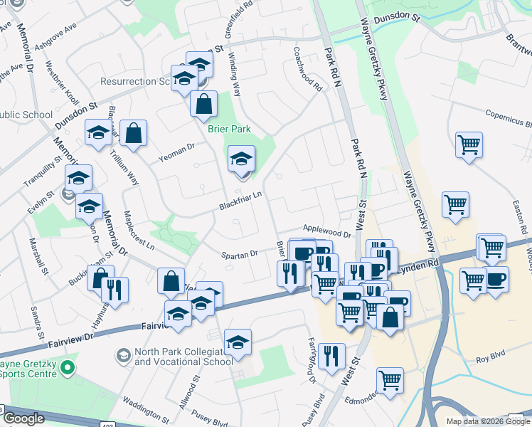 map of restaurants, bars, coffee shops, grocery stores, and more near 23 Wildflower Lane in Brantford