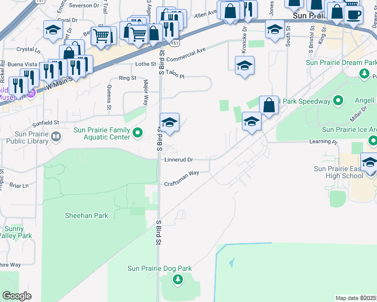 map of restaurants, bars, coffee shops, grocery stores, and more near 601 Linnerud Drive in Sun Prairie