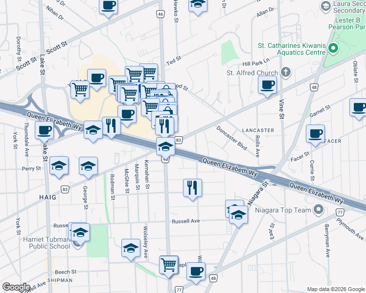 map of restaurants, bars, coffee shops, grocery stores, and more near 17 McCalla Drive in St. Catharines