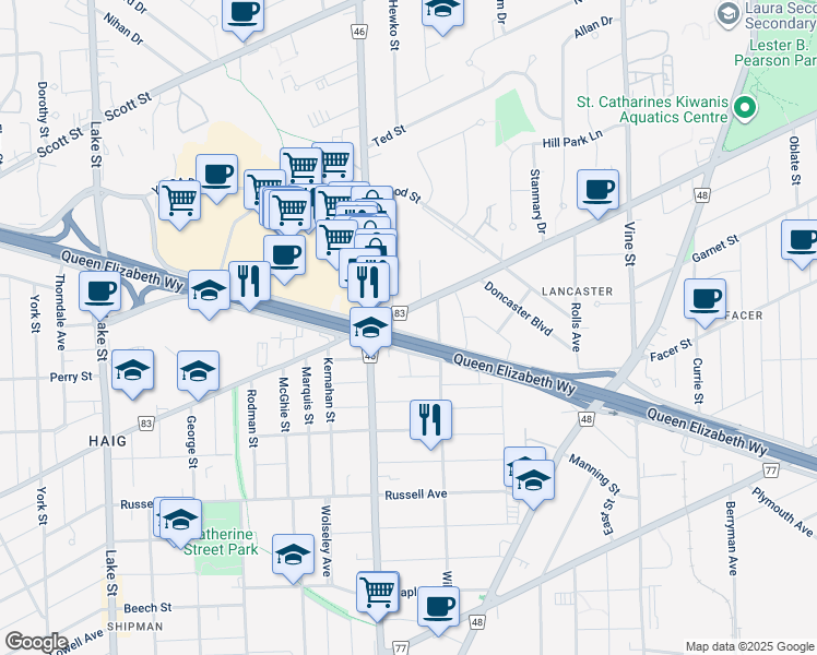 map of restaurants, bars, coffee shops, grocery stores, and more near 17 McCalla Drive in St. Catharines