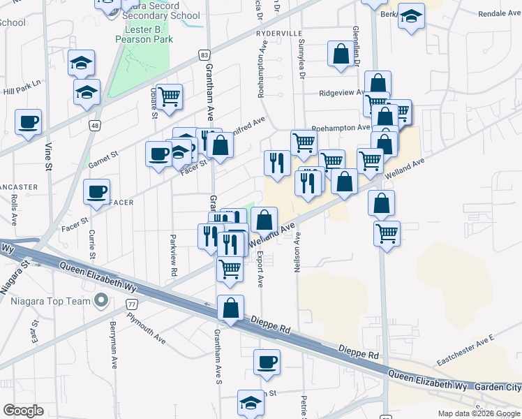 map of restaurants, bars, coffee shops, grocery stores, and more near 53 Myrtle Avenue in St. Catharines