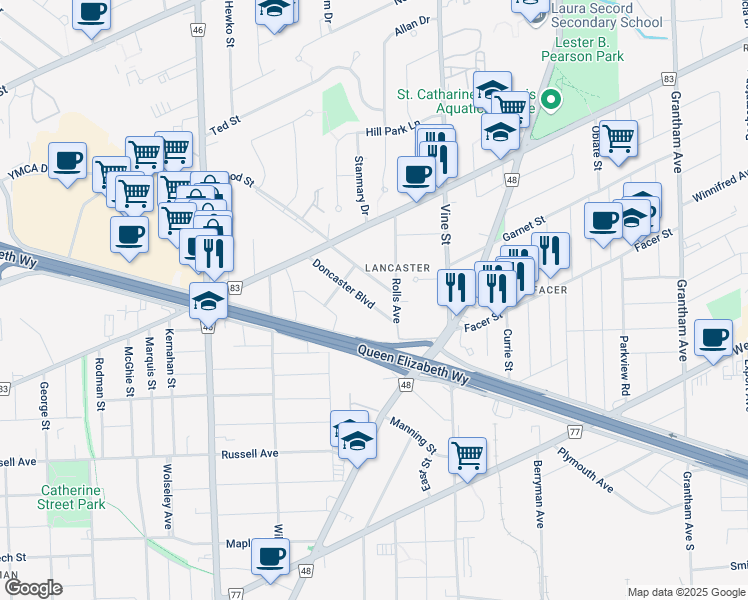 map of restaurants, bars, coffee shops, grocery stores, and more near 16 Doncaster Boulevard in St. Catharines