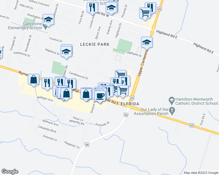 map of restaurants, bars, coffee shops, grocery stores, and more near 95 Candlewood Drive in Hamilton