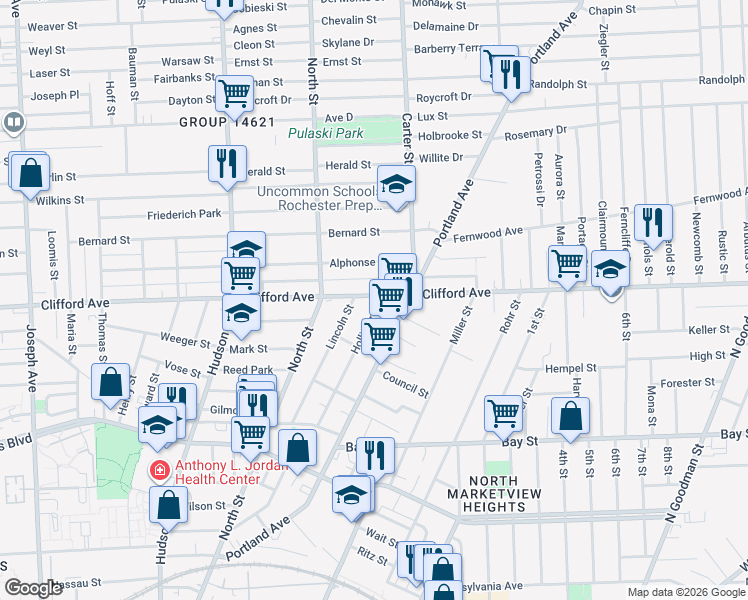 map of restaurants, bars, coffee shops, grocery stores, and more near 391 Alphonse Street in Rochester