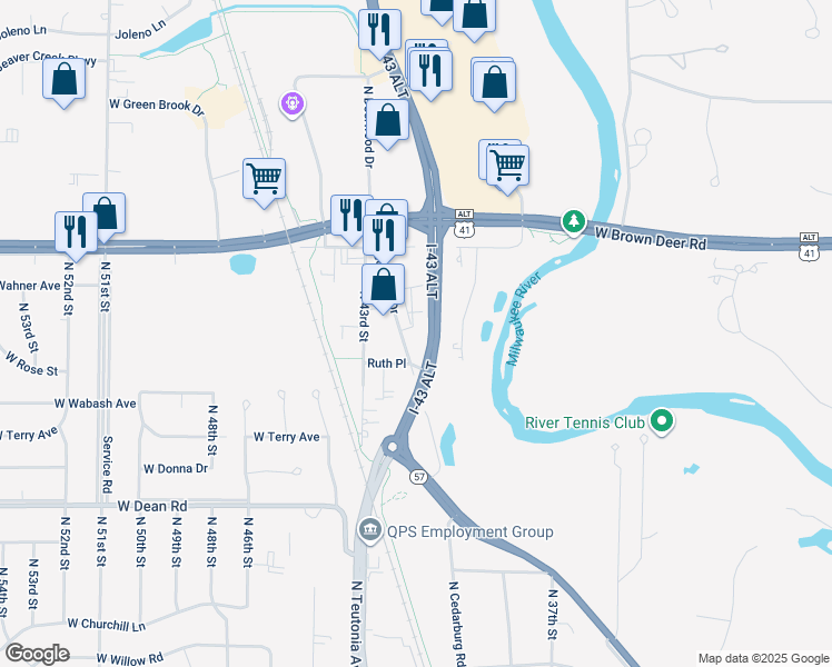 map of restaurants, bars, coffee shops, grocery stores, and more near 8600 North Deerwood Drive in Brown Deer