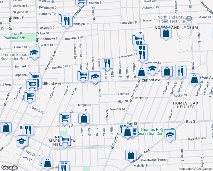 map of restaurants, bars, coffee shops, grocery stores, and more near 1516 Clifford Avenue in Rochester