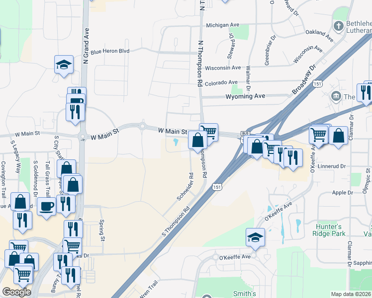 map of restaurants, bars, coffee shops, grocery stores, and more near 2303 West Main Street in Sun Prairie