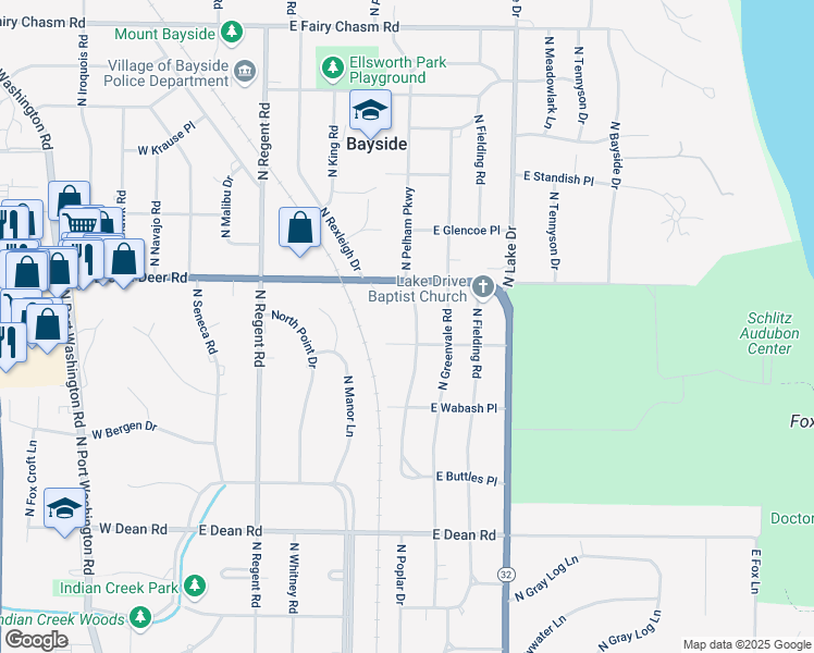 map of restaurants, bars, coffee shops, grocery stores, and more near 665 East Brown Deer Road in Bayside