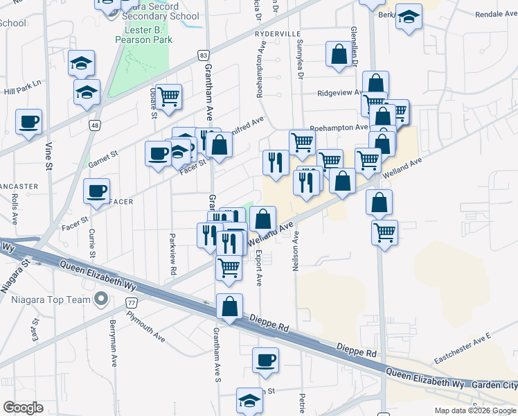 map of restaurants, bars, coffee shops, grocery stores, and more near 26 Myrtle Avenue in St. Catharines