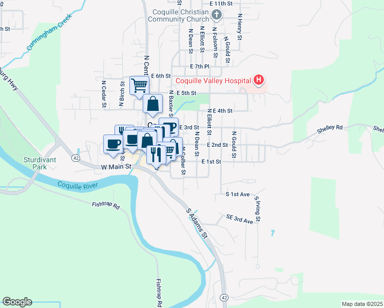 map of restaurants, bars, coffee shops, grocery stores, and more near 390 East 2nd Street in Coquille