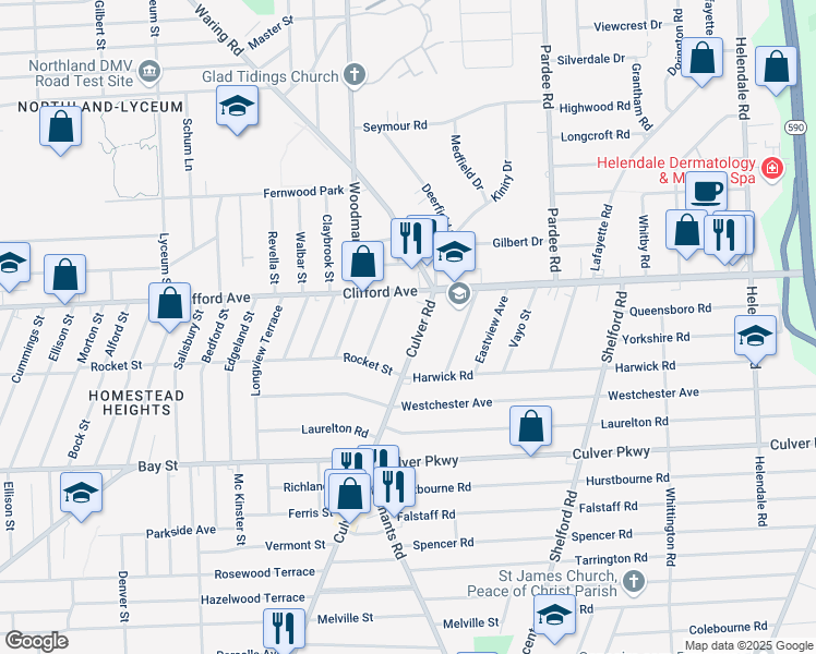 map of restaurants, bars, coffee shops, grocery stores, and more near 2325 Clifford Avenue in Rochester