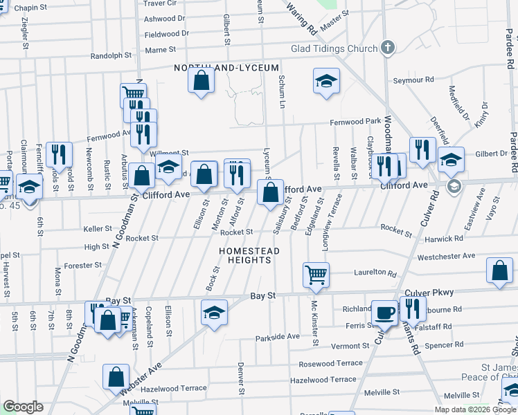 map of restaurants, bars, coffee shops, grocery stores, and more near 1991 Clifford Avenue in Rochester