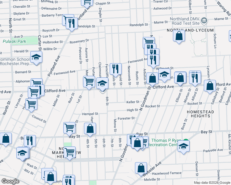 map of restaurants, bars, coffee shops, grocery stores, and more near 1516 Clifford Avenue in Rochester