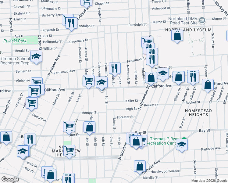 map of restaurants, bars, coffee shops, grocery stores, and more near 1516 Clifford Avenue in Rochester