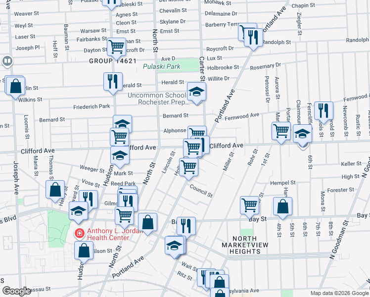 map of restaurants, bars, coffee shops, grocery stores, and more near 391 Alphonse Street in Rochester