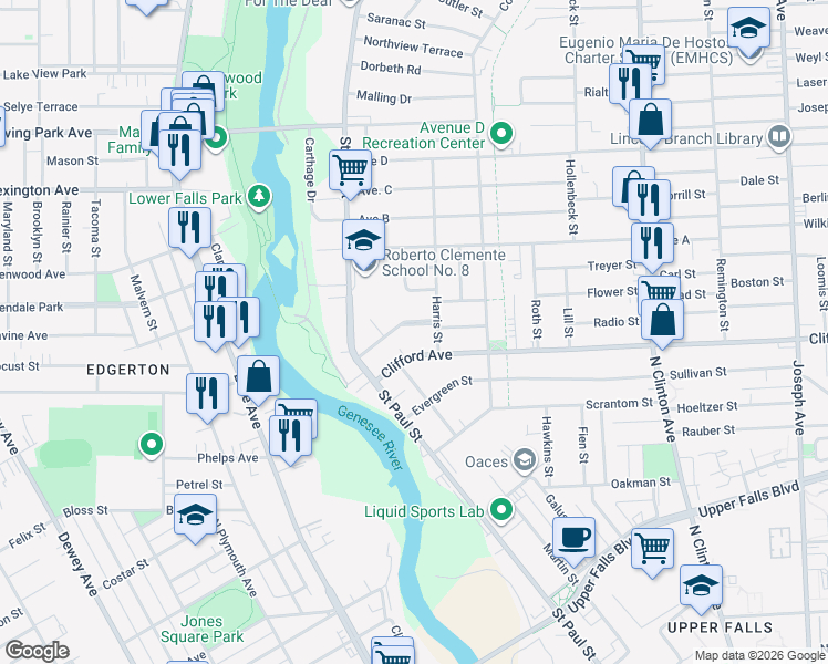 map of restaurants, bars, coffee shops, grocery stores, and more near 15 Harris Street in Rochester