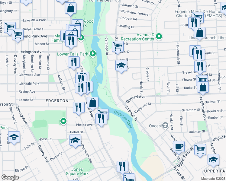 map of restaurants, bars, coffee shops, grocery stores, and more near 1150 Saint Paul Street in Rochester