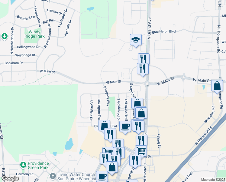 map of restaurants, bars, coffee shops, grocery stores, and more near 2701 West Main Street in Sun Prairie