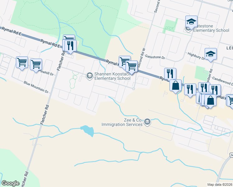 map of restaurants, bars, coffee shops, grocery stores, and more near 218 Bellagio Avenue in Hamilton
