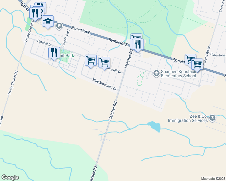 map of restaurants, bars, coffee shops, grocery stores, and more near 188 Blue Mountain Drive in Hamilton