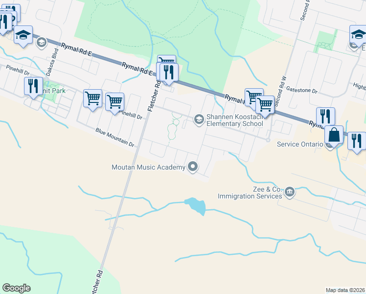 map of restaurants, bars, coffee shops, grocery stores, and more near 85 Showcase Drive in Hamilton