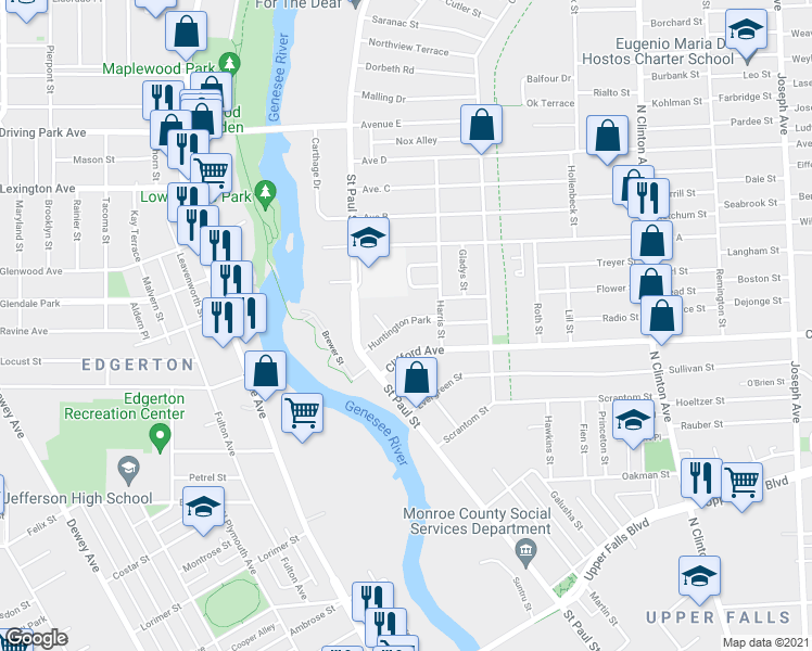 map of restaurants, bars, coffee shops, grocery stores, and more near 76 Huntington Park in Rochester